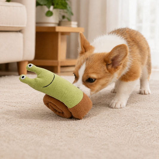 Corgi puppy playing with a toy resembling a snake on a carpeted floor.