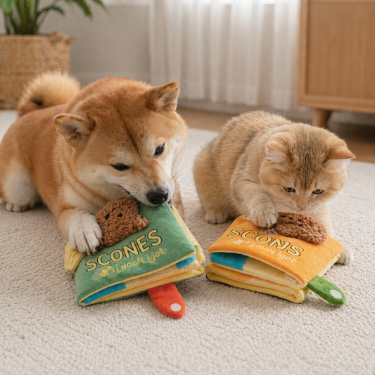 Dog and cat playing with soft interactive  and pet enrichment books on a carpeted floor