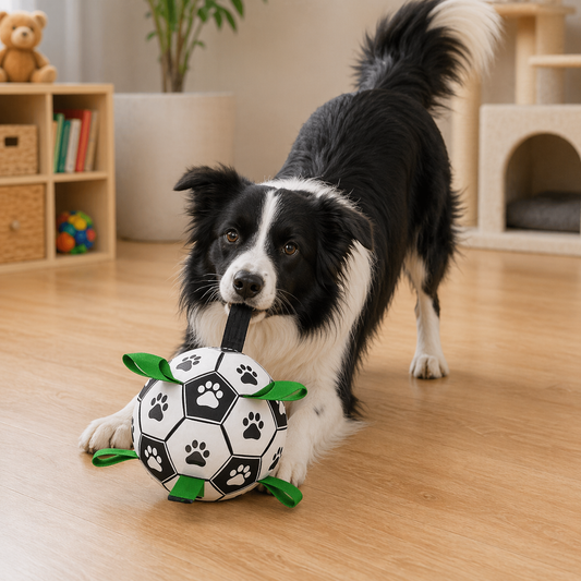 Dog playing with a chew soccer ball toy on a wooden floor.