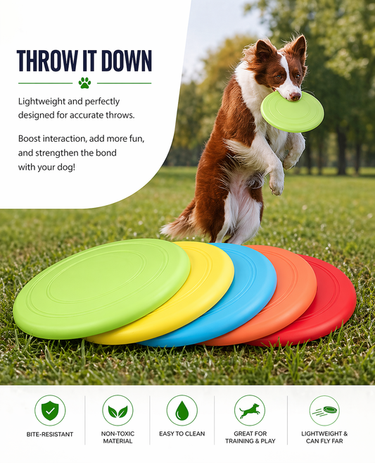 Dog playing with a green frisbee on grass, with other colorful frisbees below.