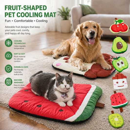Fruit-shaped pet cooling mat with a dog and cat on it in a living room setting. Multiple designs