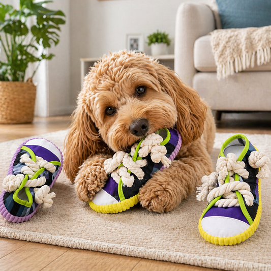 Interactive dog chew toy. Dog playing with purple and yellow dog sneakers  in a living room setting.