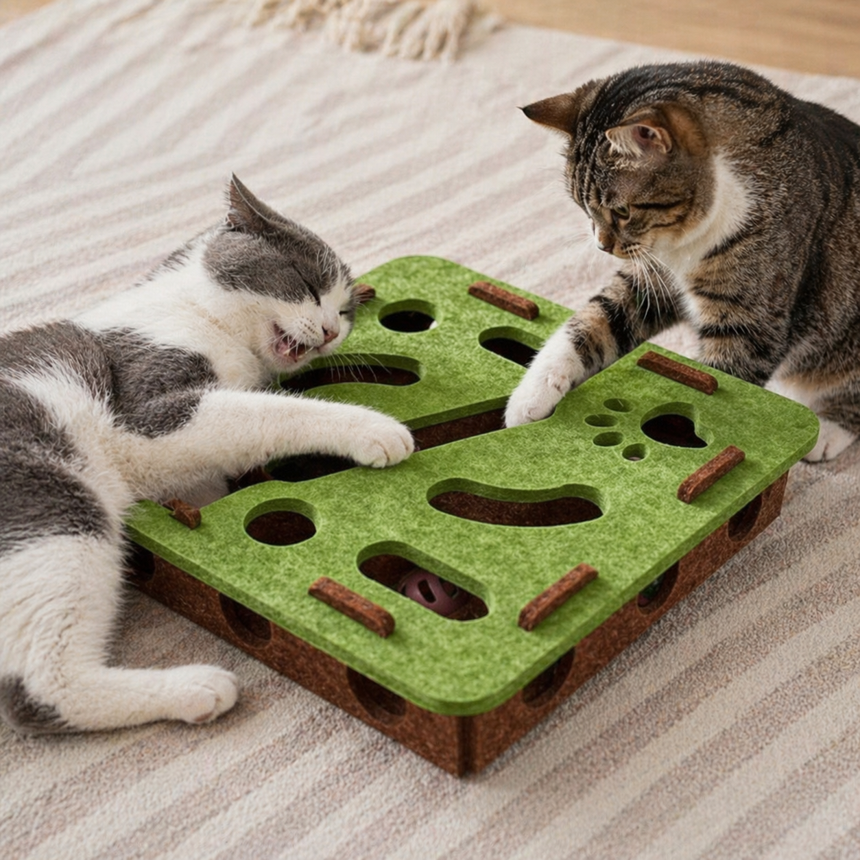 Two cats playing with a green and brown cat toy on a striped carpet.