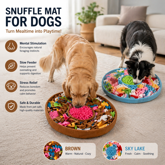 Two dogs interacting with snuffle mats in a living room setting.