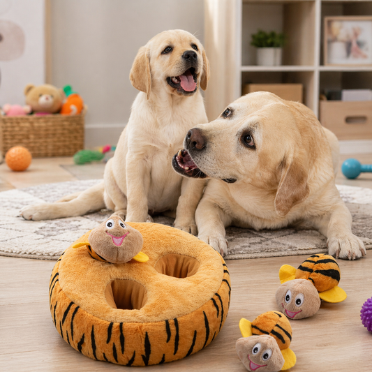 Two dogs sitting on a rug with a bumble bee-patterned interactive enrichment toy in play room
