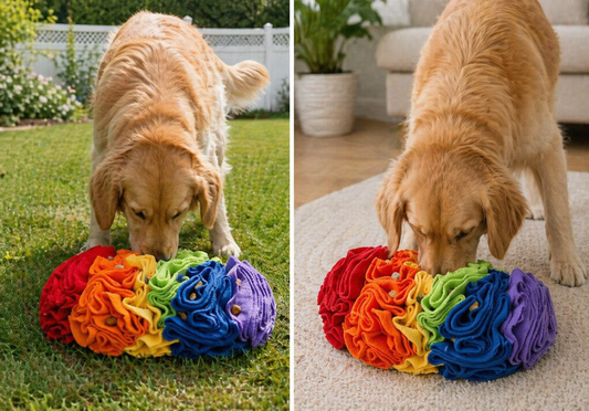 Two images of a golden retriever with a rainbow-colored enrichment snuffle toy, one outdoors and one indoors. Kibble visible
