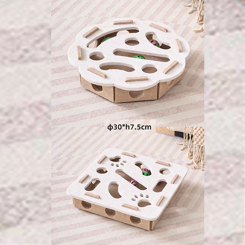Felt maze cat toy box 2-piece set showing circular flower shape (30cm diameter, 7.5cm height) and square shape side by side on a marble surface