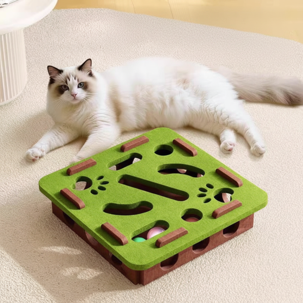 White cat lying next to the green square Felt Maze Cat Toy Box with bell balls visible inside the track holes