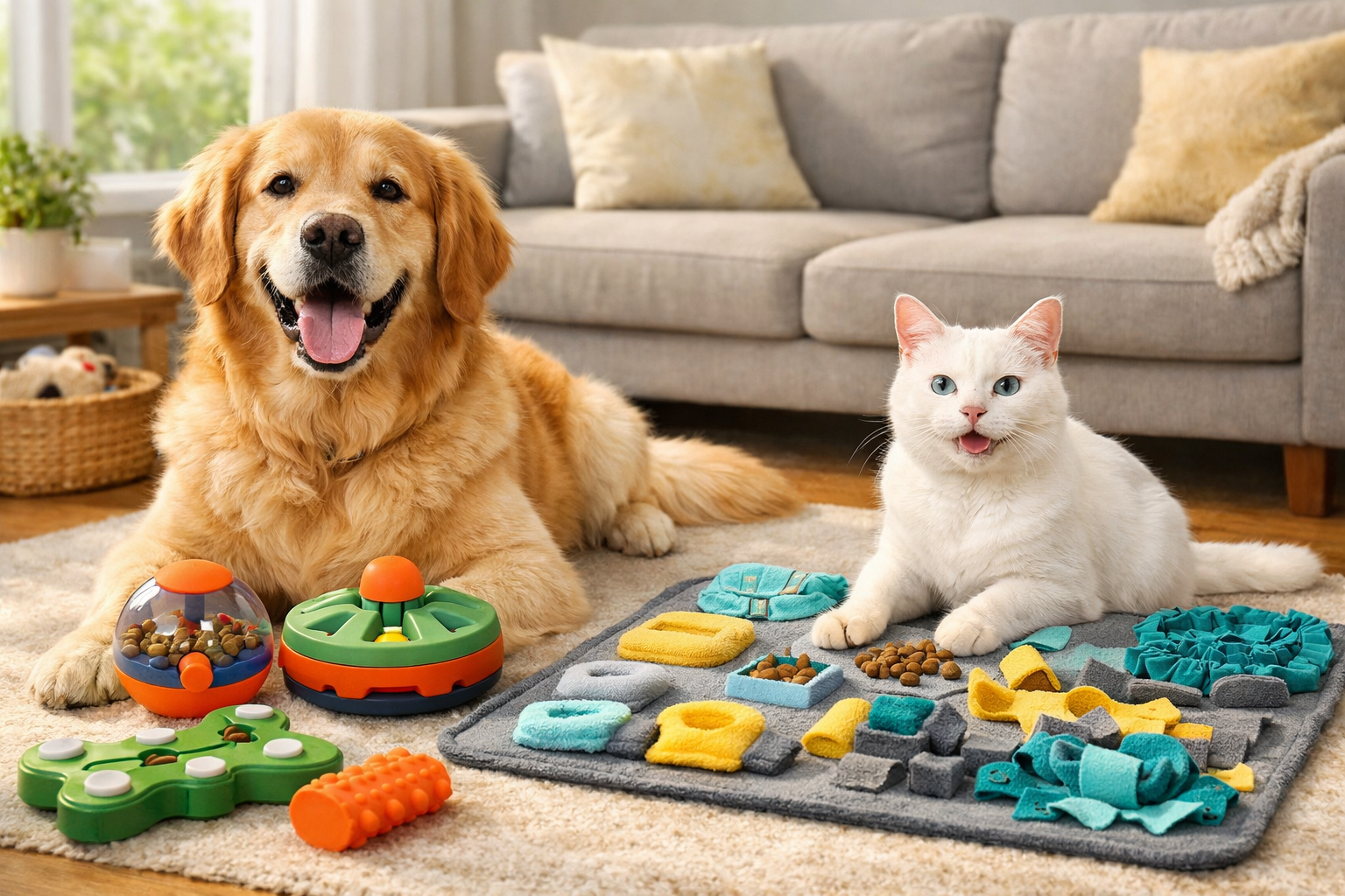 Dog and cat with puzzle toys on a mat in a living room