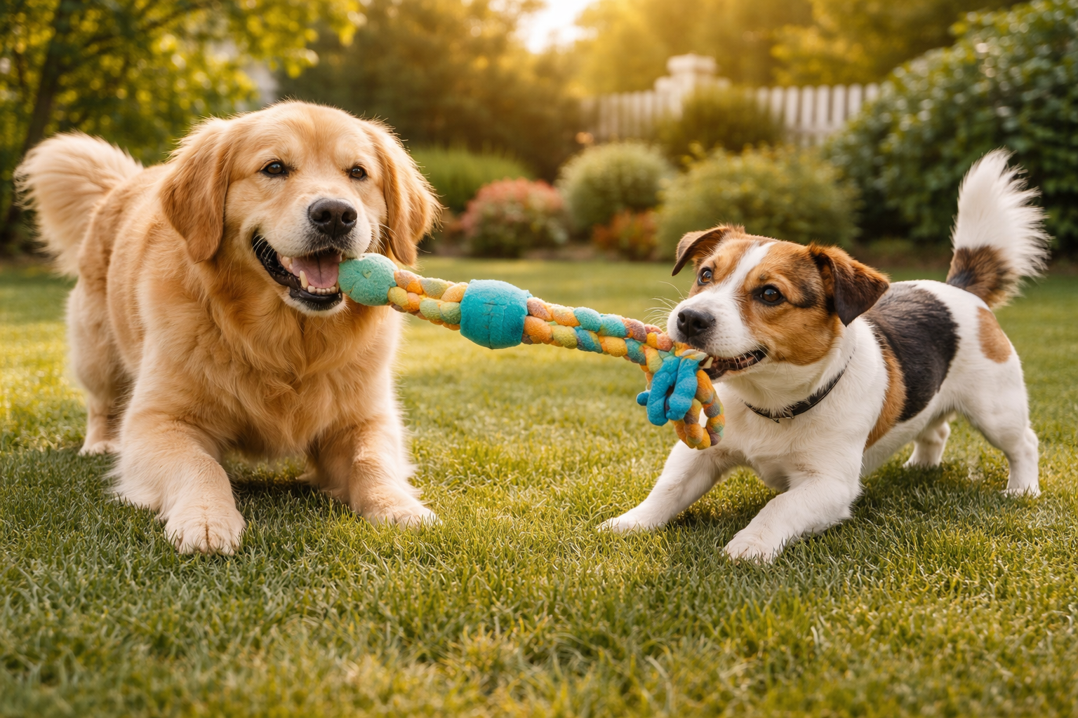 Two dogs playing with a chew toy on a grassy field